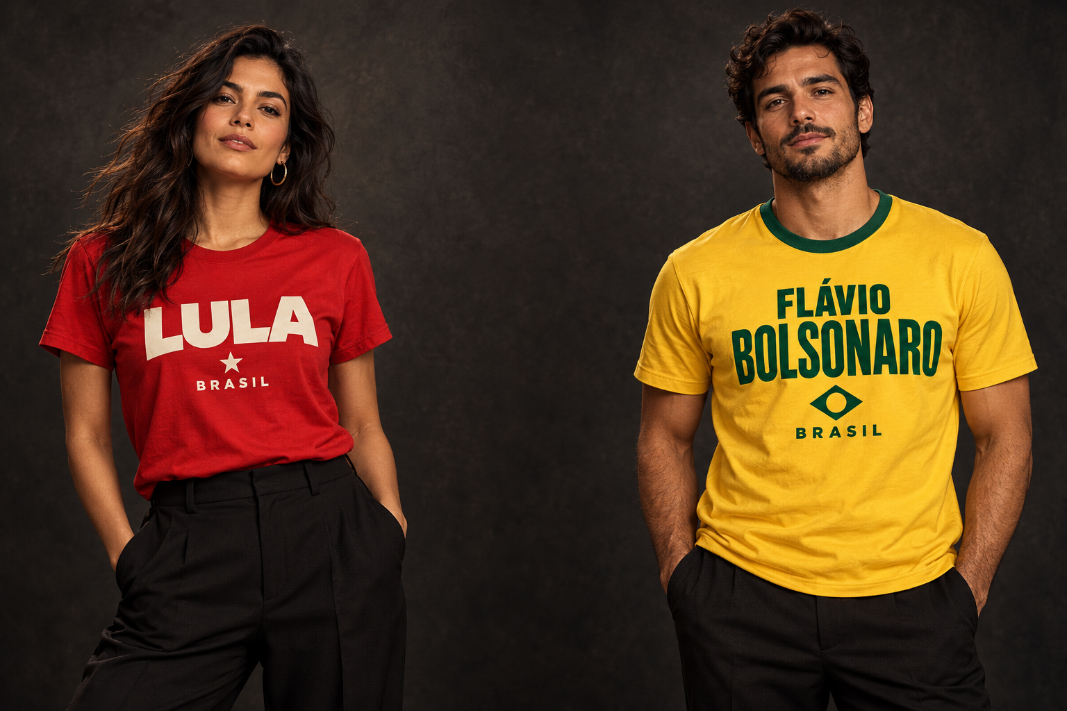Modelos adultos usando as camisetas unissex Lula e Flávio Bolsonaro; imagem ilustrativa gerada por IA